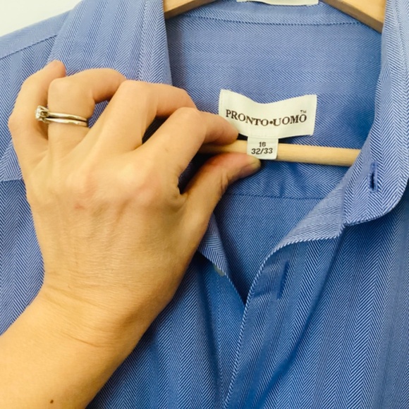 Pronto Uomo 80’s 2ply Cotton Men's 16 32/33 Blue Herringbone Shirt Non-iron Flaw - Picture 4 of 11